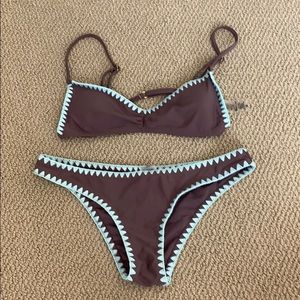 two piece grey and blue bathing suit